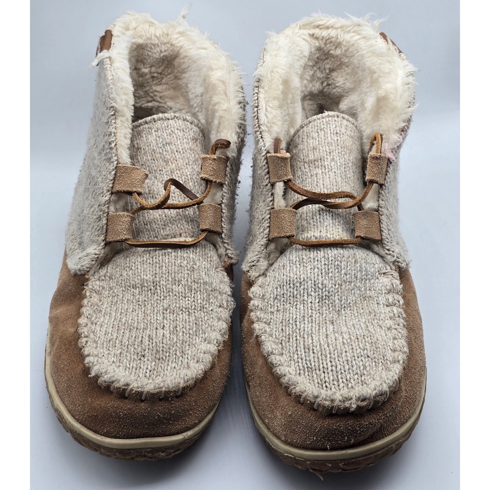 Minnetonka Women's Torrey 10 Tan Knit Suede Moccasin Ankle Boots Faux Fur Lined - Picture 6 of 12
